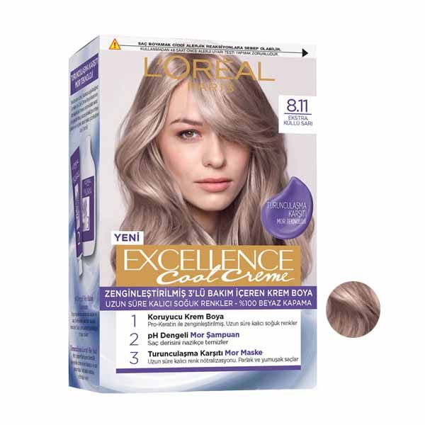 کیت رنگ مو لورآل مدل Excellence شماره 8.11 حجم 48 میلی لیتر رنگ دودی نسکافه ای
